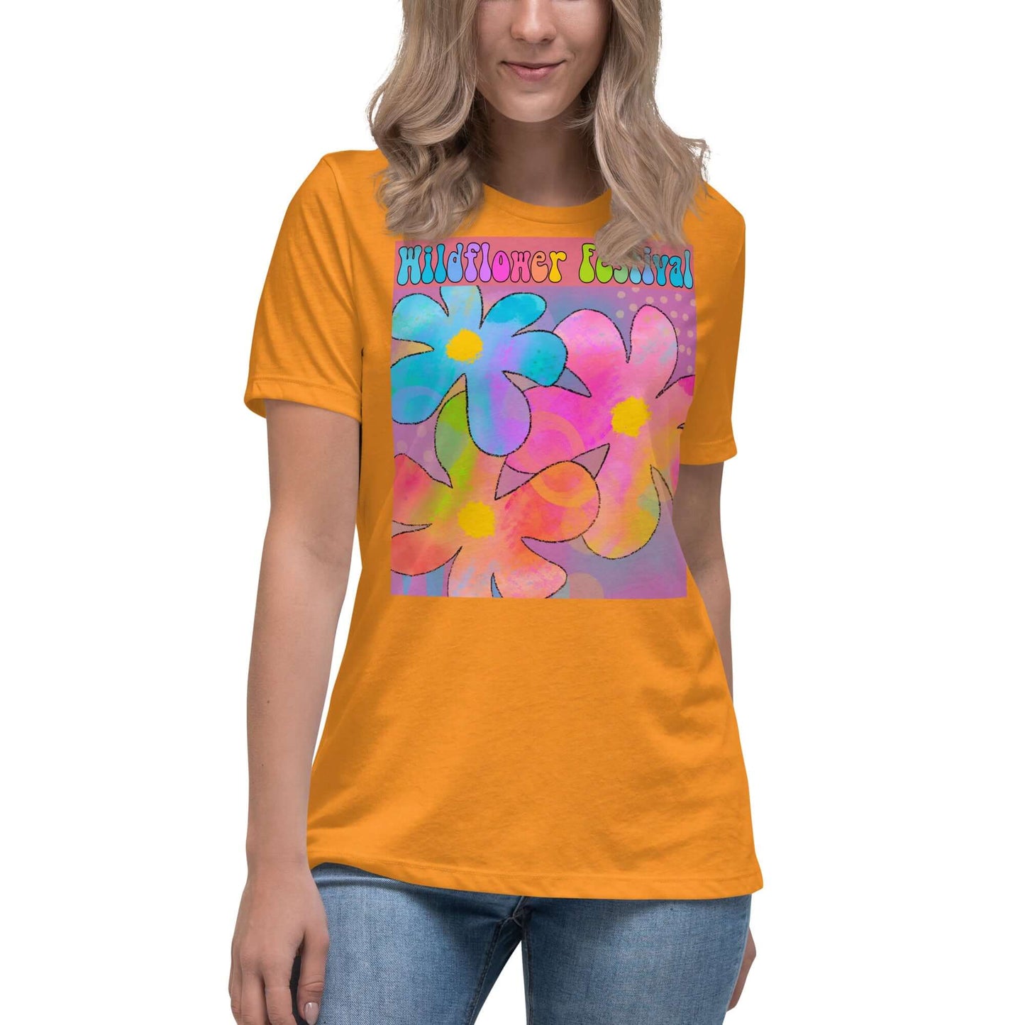 Big Colorful Hippie 1960s Psychedelic Flowers with Text “Wildflower Festival” Women’s Short Sleeve Tee in Heather Marmalade