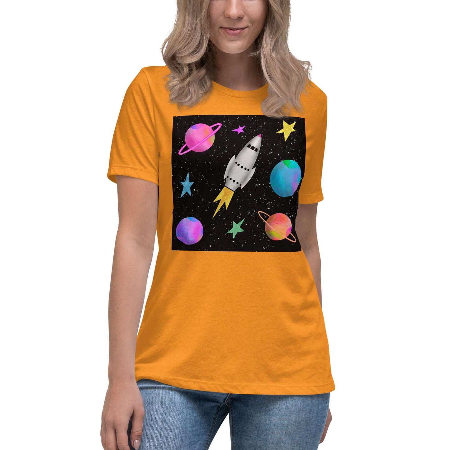 Rocket with Colorful Stars and Planets “Space Rockets” Women’s Short Sleeve Tee in Heather Marmalade