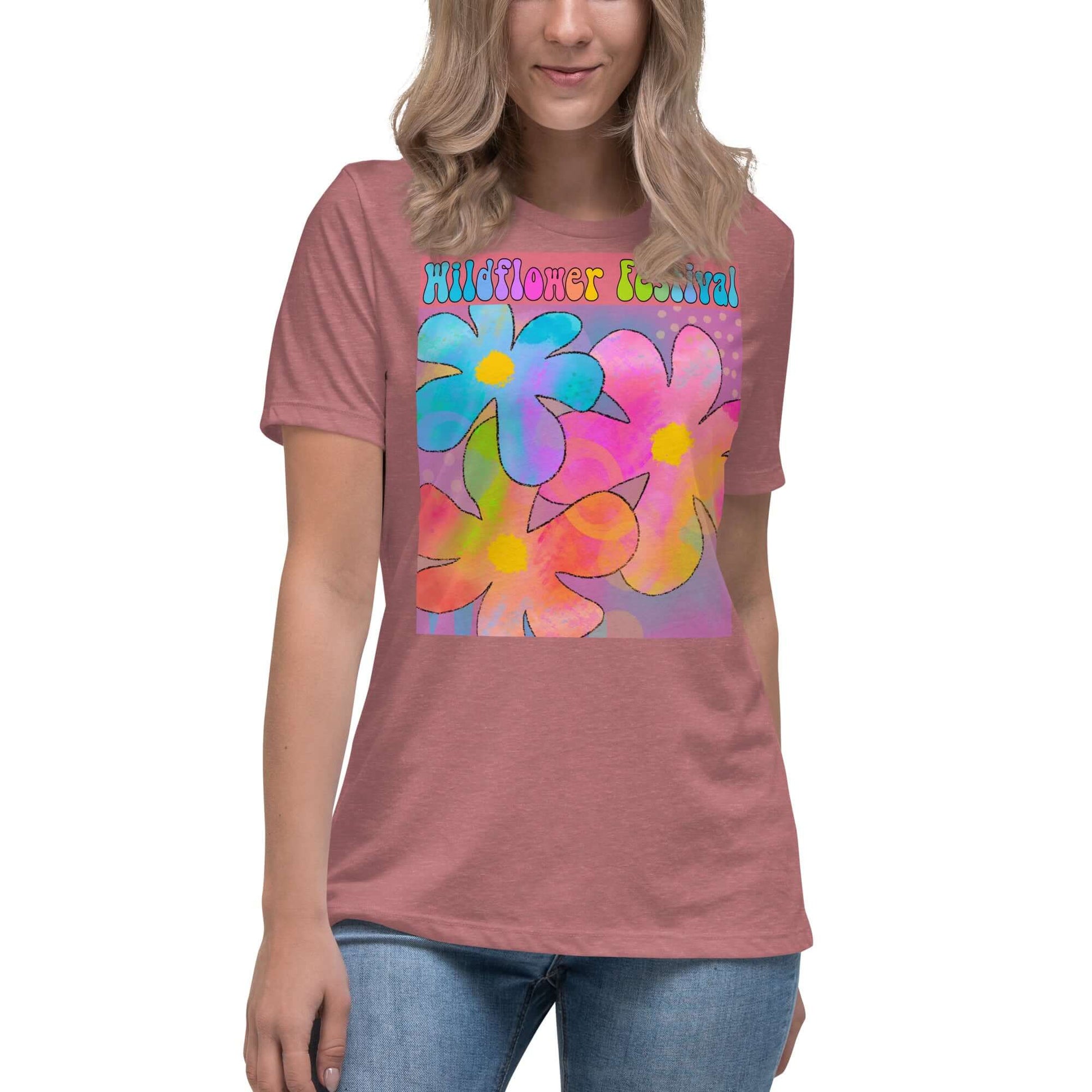 Big Colorful Hippie 1960s Psychedelic Flowers with Text “Wildflower Festival” Women’s Short Sleeve Tee in Heather Mauve