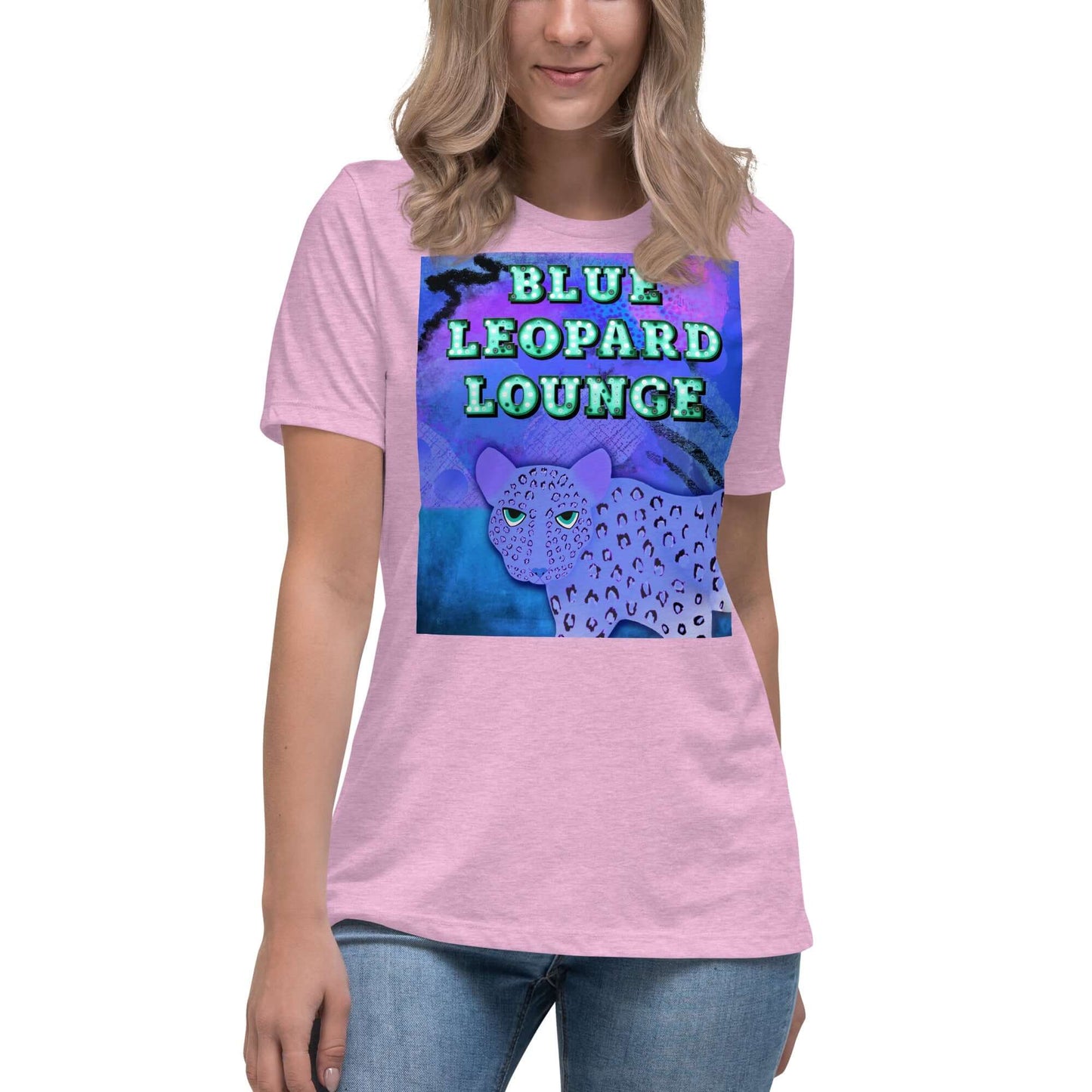 Purple Leopard on Blue and Purple Abstract Background with “Blue Leopard Lounge” Marquee Letters Women’s Short Sleeve Tee in Heather Prism Lilac