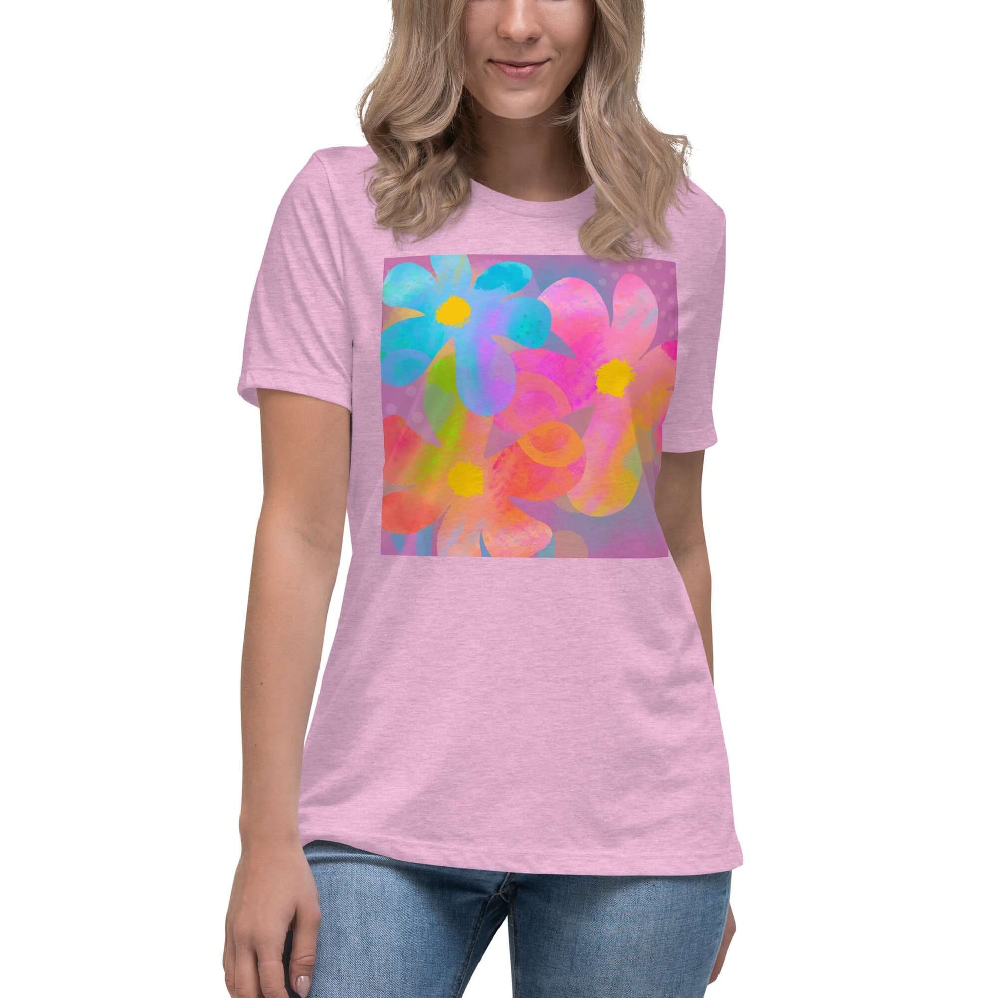 Big Colorful 1960s Psychedelic “Hippie Flowers” Women’s Short Sleeve Tee in Heather Prism Lilac