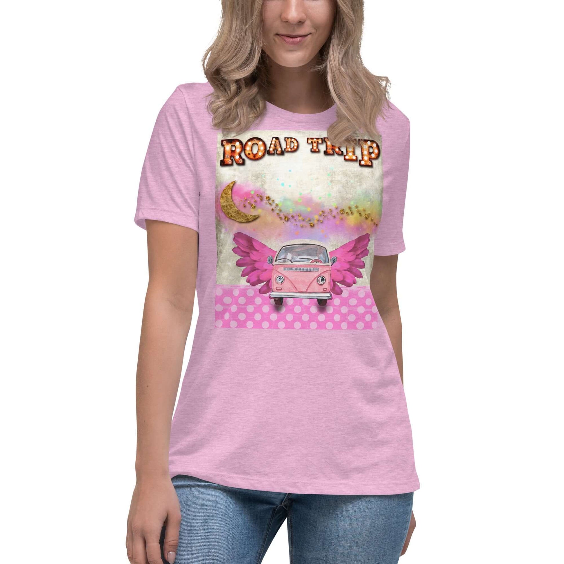 Pink Camper Van in Rainbow Clouds with Moon and Stars “Road Trip” Women’s Short Sleeve Tee in Heather Prism Lilac