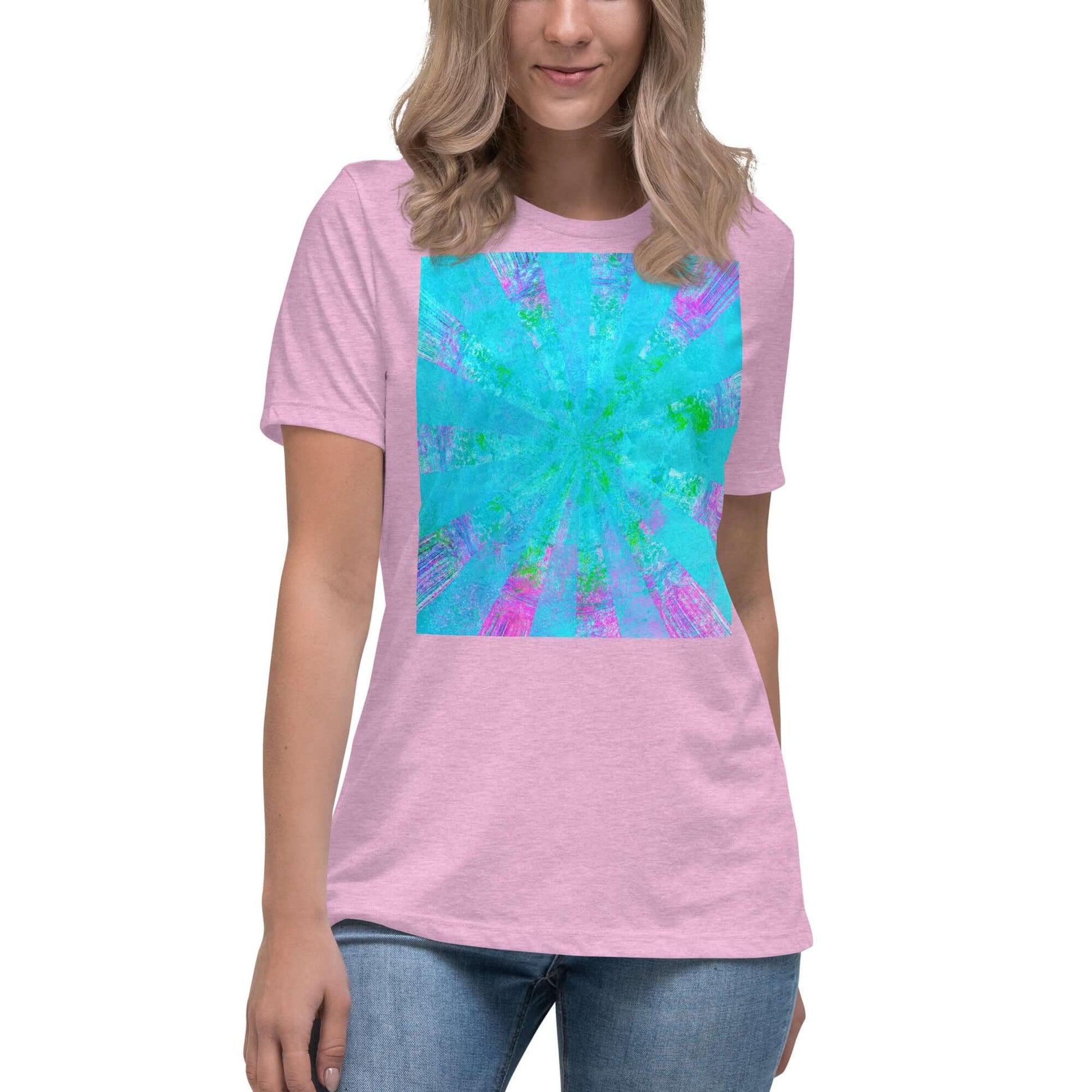 Turquoise Blue with Purple Radial Abstract Art “Blue Stingray” Women’s Short Sleeve Tee in Heather Prism Lilac