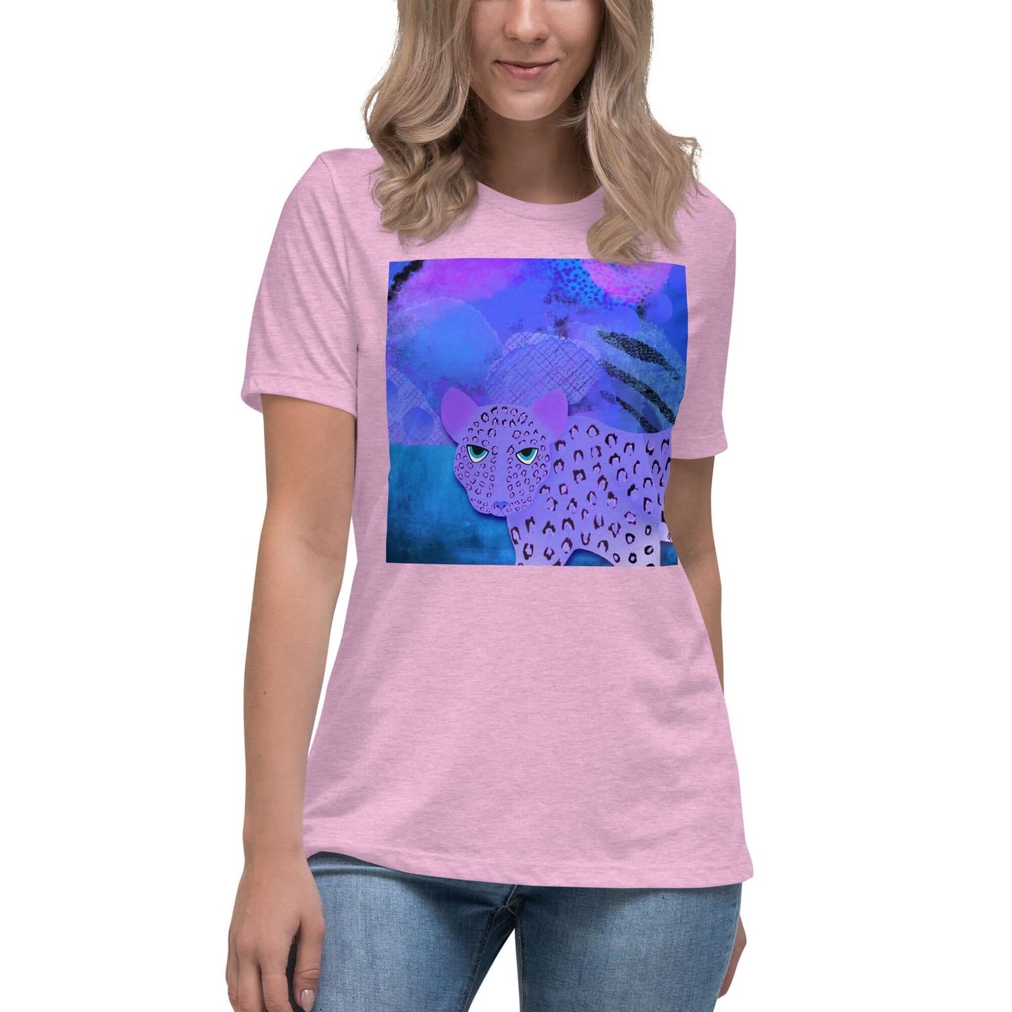 Purple Leopard on Blue and Purple Abstract Background “Blue Leopard” Women’s Short Sleeve Tee in Heather Prism Lilac
