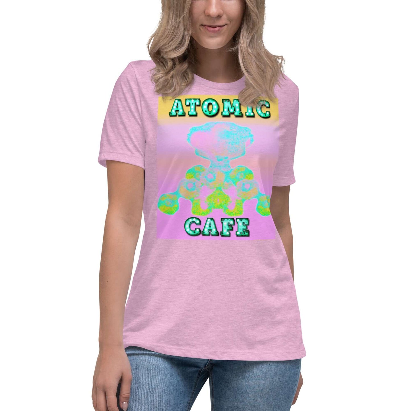 Pastel Atomic Blast with “Atomic Cafe” in Marquee Letters Women’s Relaxed Short Sleeve Tee in Heather Prism Lilac
