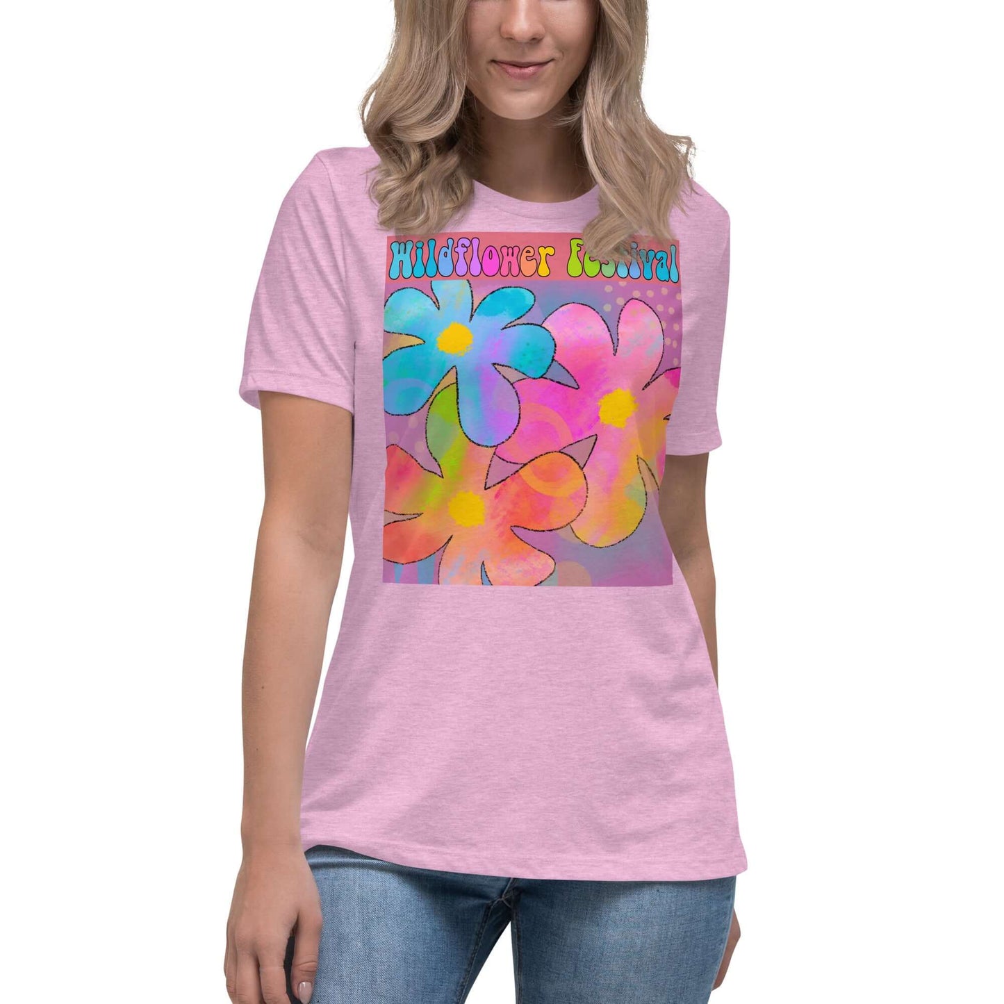 Big Colorful Hippie 1960s Psychedelic Flowers with Text “Wildflower Festival” Women’s Short Sleeve Tee in Heather Prism Lilac