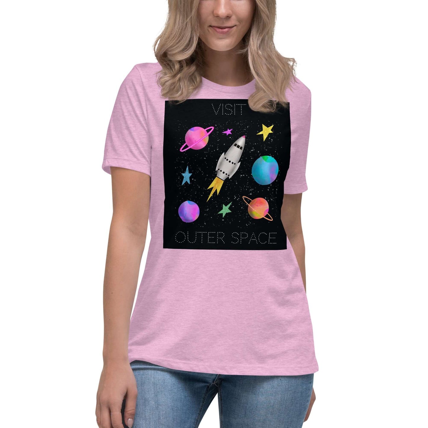 Whimsical Space Rocket with Colorful Planets and Stars on Black Background with Text “Visit Outer Space” Women’s Short Sleeve Tee in Heather Prism Lilac