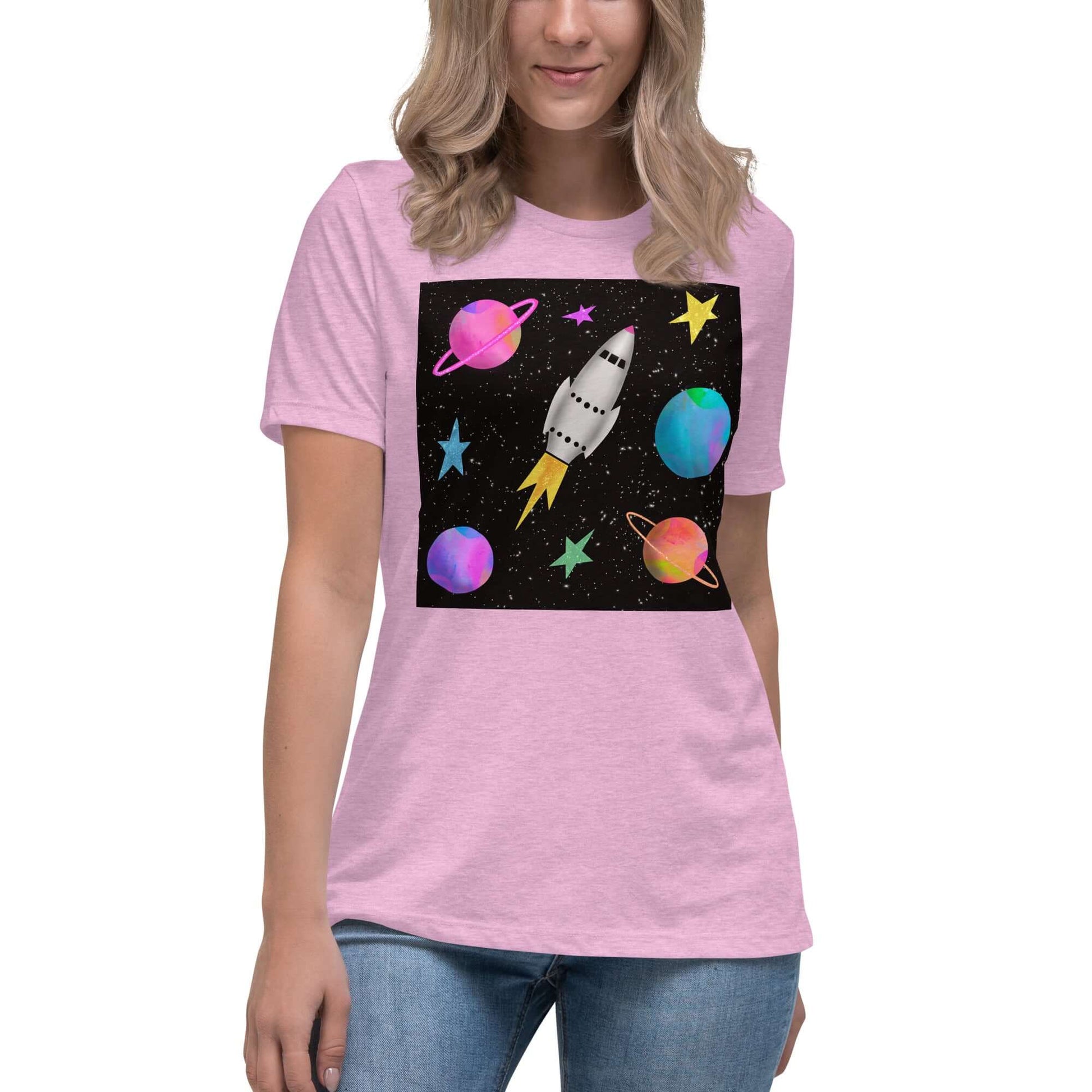 Rocket with Colorful Stars and Planets “Space Rockets” Women’s Short Sleeve Tee in Heather Prism Lilac