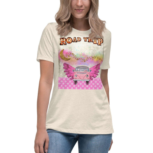 Pink Camper Van in Rainbow Clouds with Moon and Stars “Road Trip” Women’s Short Sleeve Tee in Heather Prism Natural