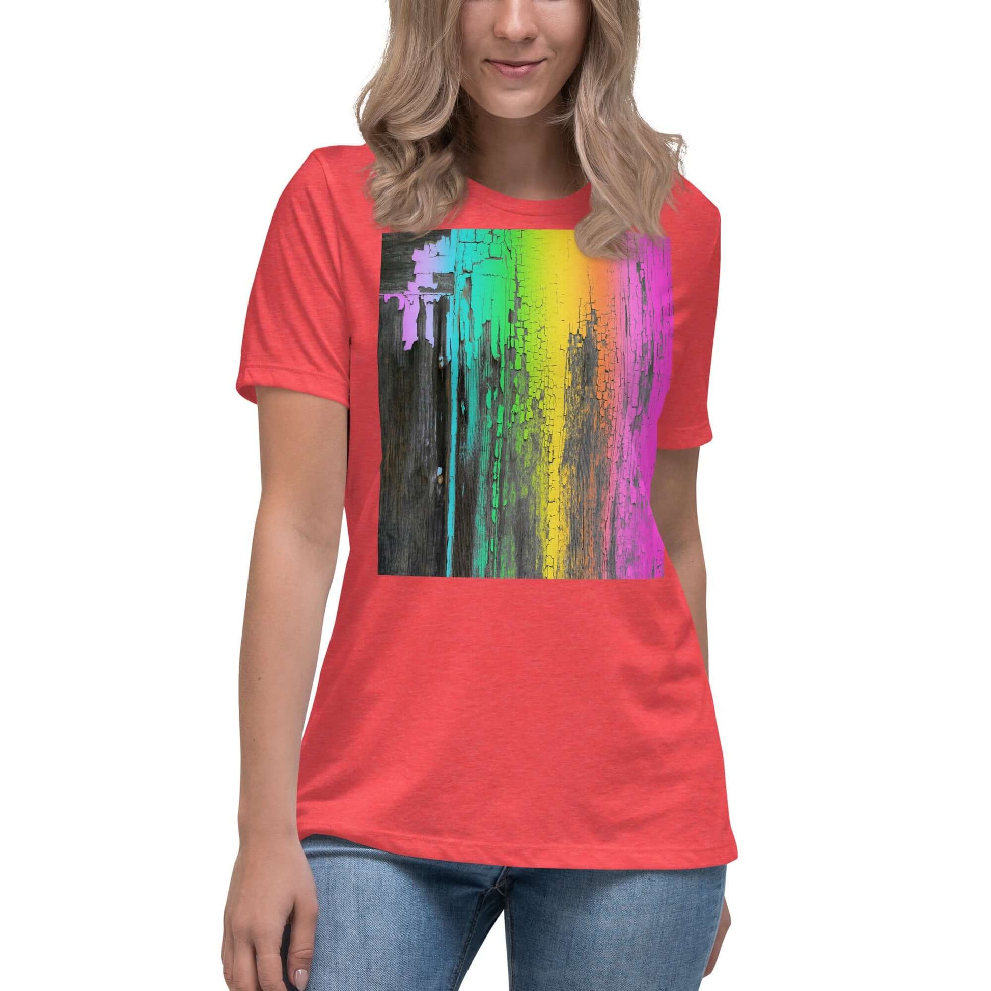 Rainbow Paint Drips on Old Wood “Rainbow Crackle” Women’s Short Sleeve Tee in Heather Red