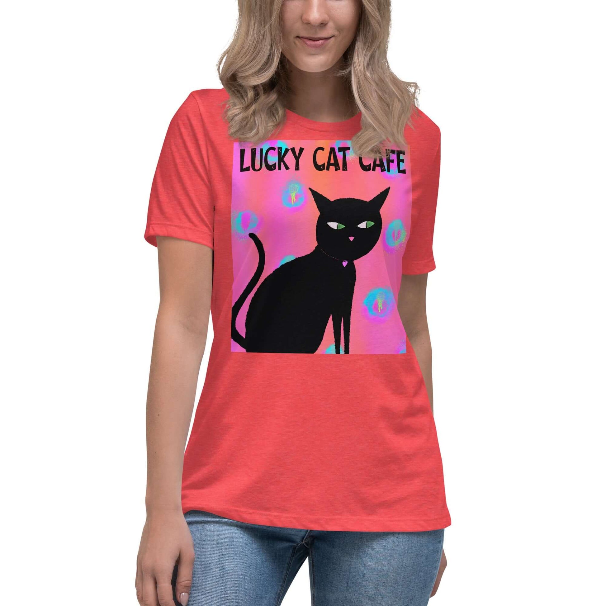 Black Cat on Hot Pink Tie Dye Background with Text “Lucky Cat Cafe” Women’s Short Sleeve Tee in Heather Red