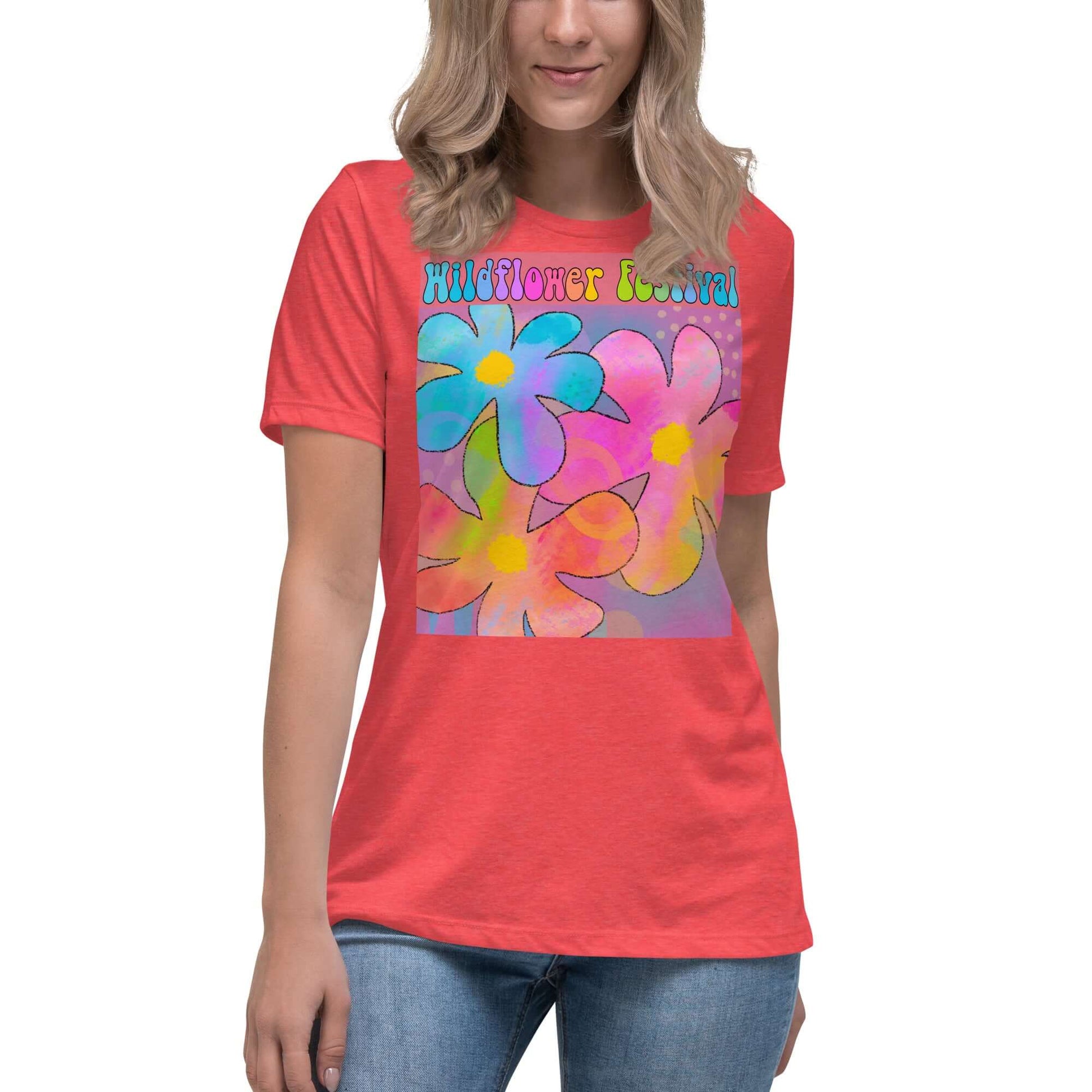 Big Colorful Hippie 1960s Psychedelic Flowers with Text “Wildflower Festival” Women’s Short Sleeve Tee in Heather Red