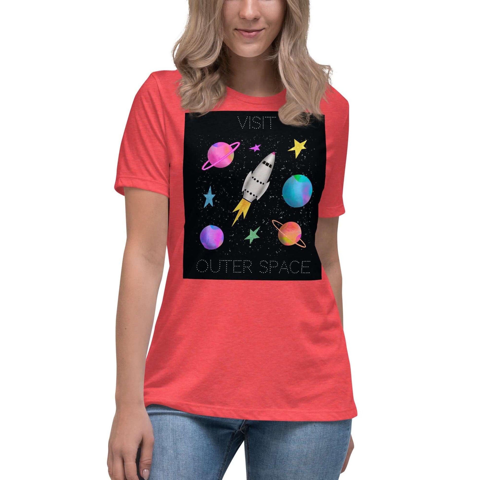 Whimsical Space Rocket with Colorful Planets and Stars on Black Background with Text “Visit Outer Space” Women’s Short Sleeve Tee in Heather Red