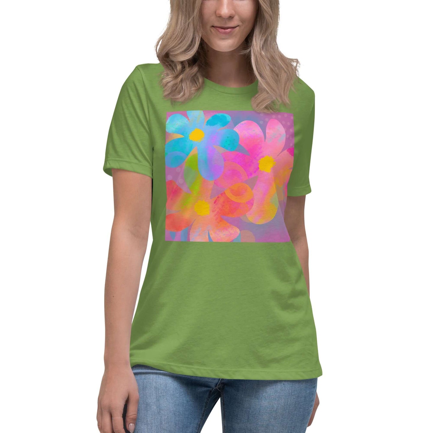 Big Colorful 1960s Psychedelic “Hippie Flowers” Women’s Short Sleeve Tee in Leaf Green