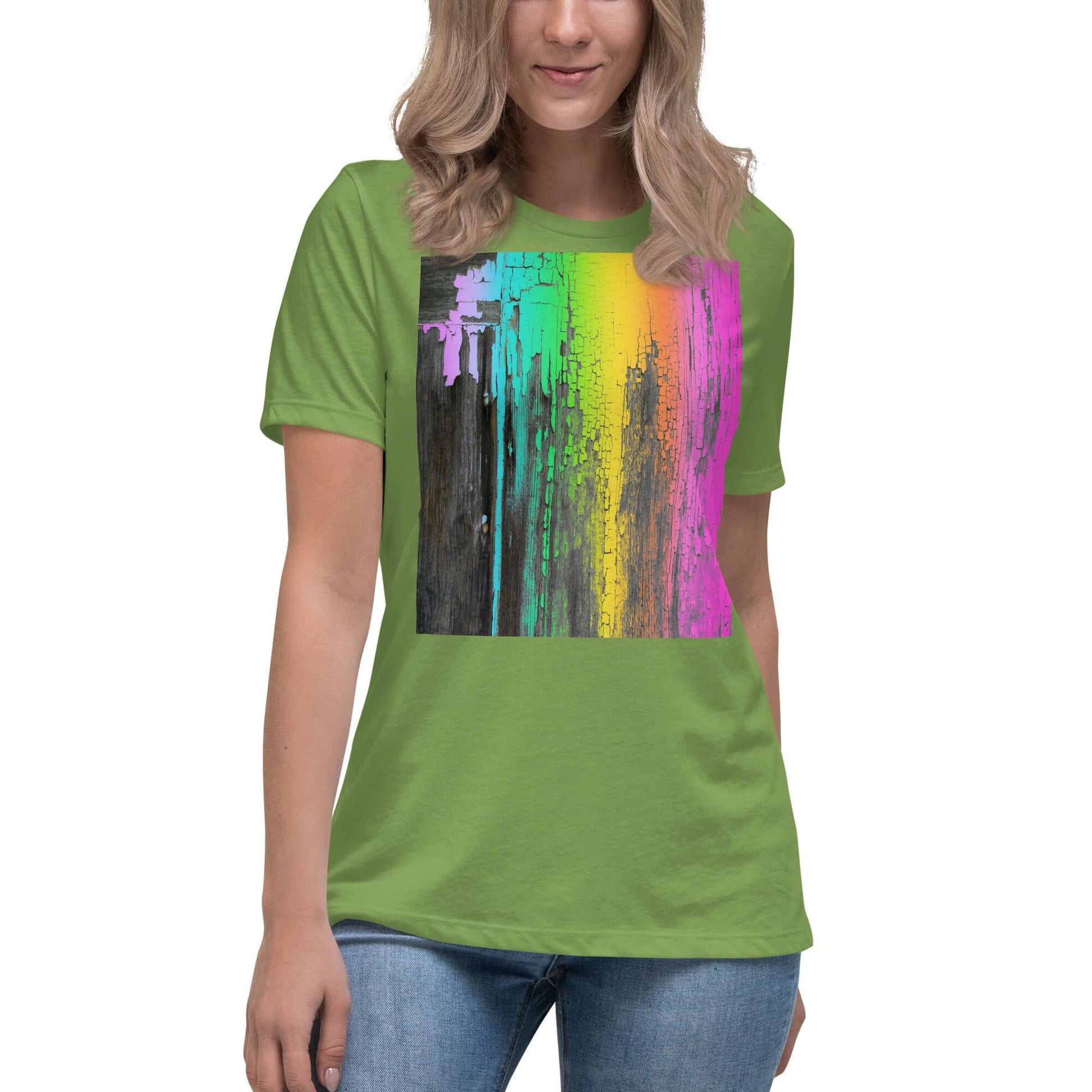 Rainbow Paint Drips on Old Wood “Rainbow Crackle” Women’s Short Sleeve Tee in Leaf Green