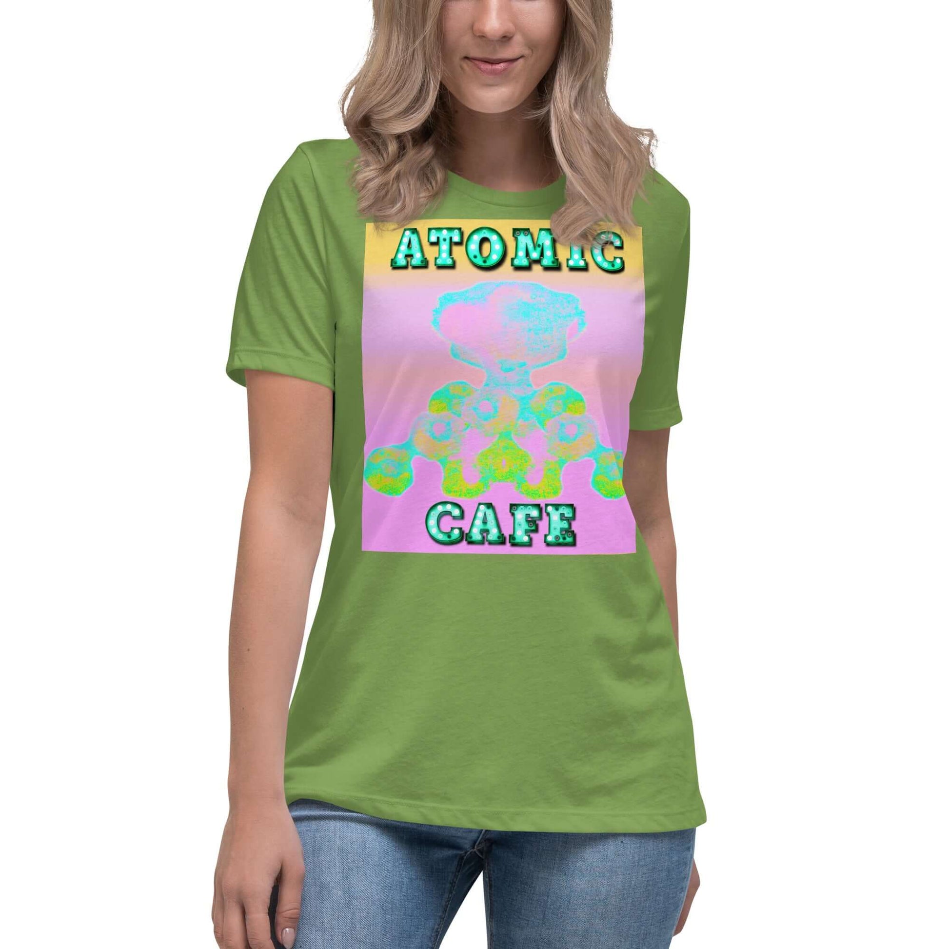 Pastel Atomic Blast with “Atomic Cafe” in Marquee Letters Women’s Relaxed Short Sleeve Tee in Leaf Green