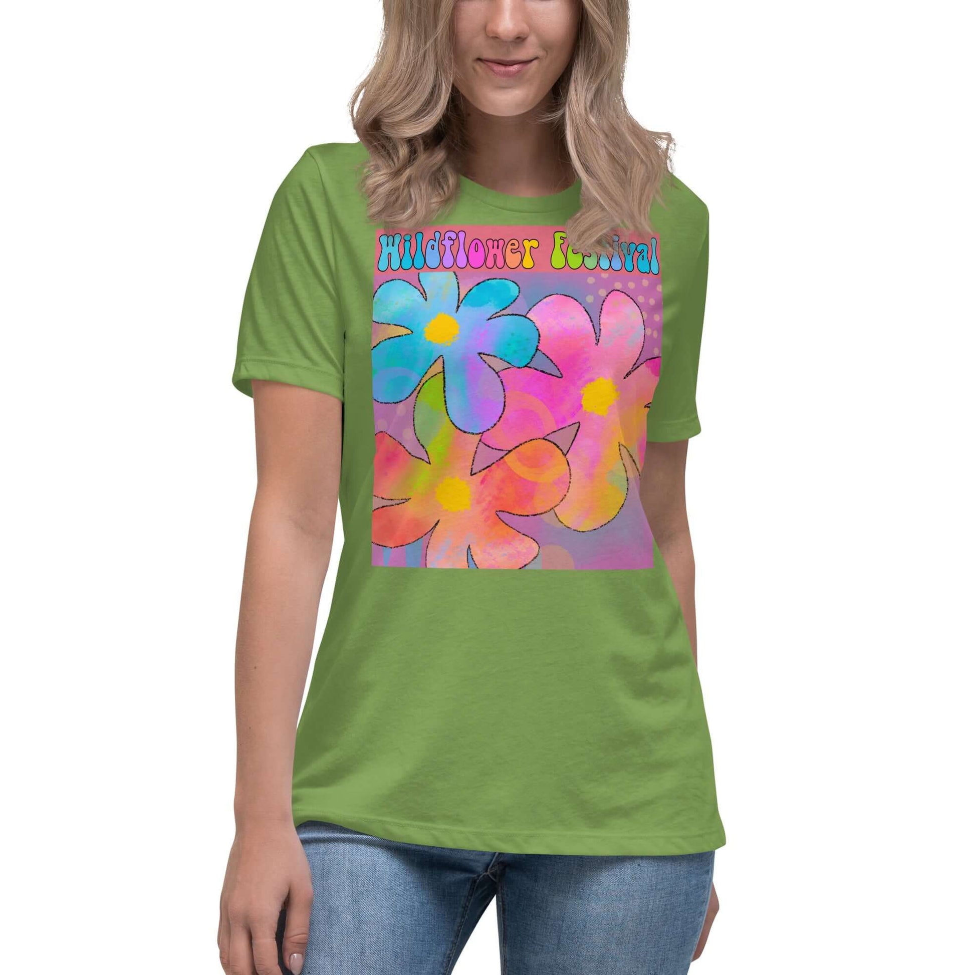 Big Colorful Hippie 1960s Psychedelic Flowers with Text “Wildflower Festival” Women’s Short Sleeve Tee in Leaf Green