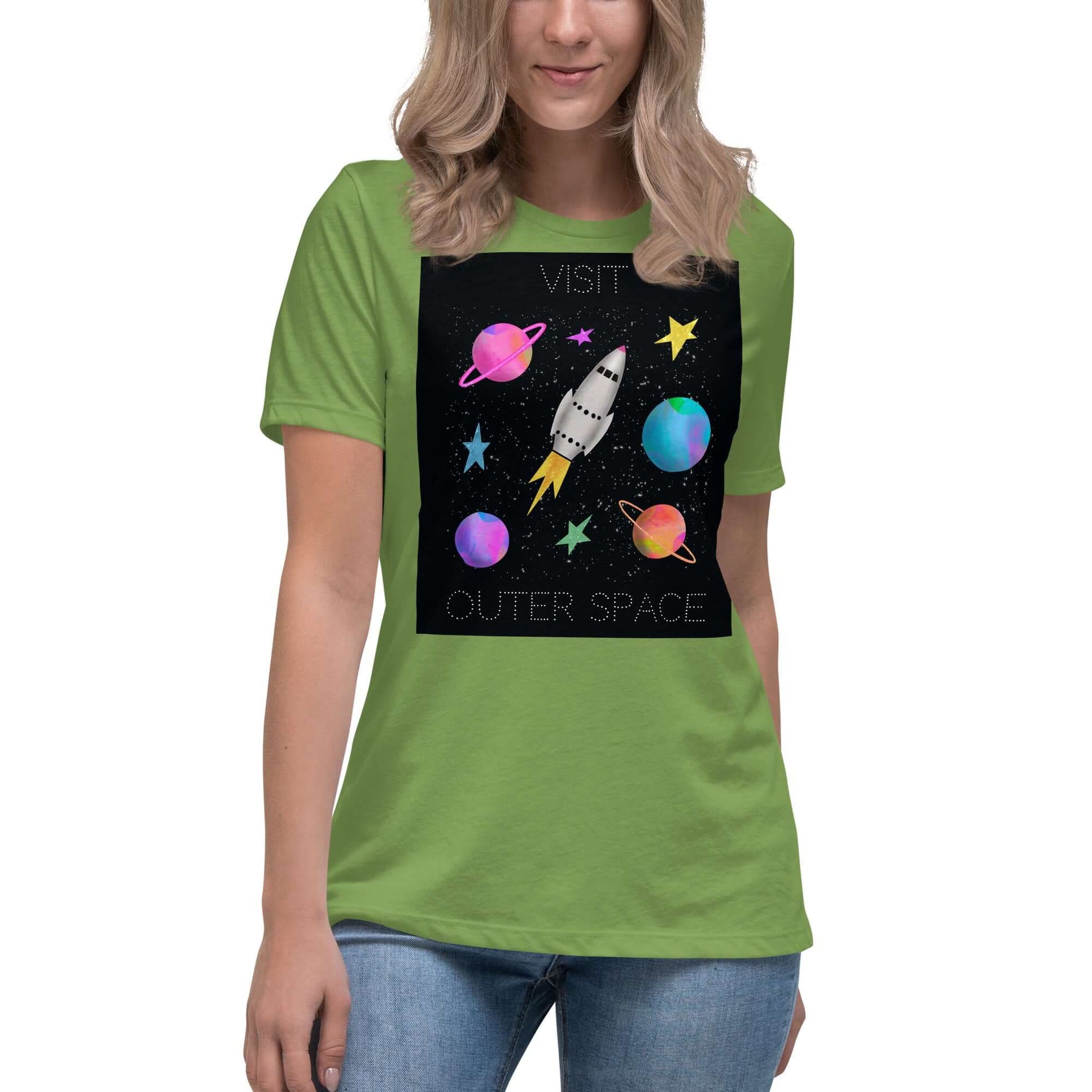 Whimsical Space Rocket with Colorful Planets and Stars on Black Background with Text “Visit Outer Space” Women’s Short Sleeve Tee in Leaf Green