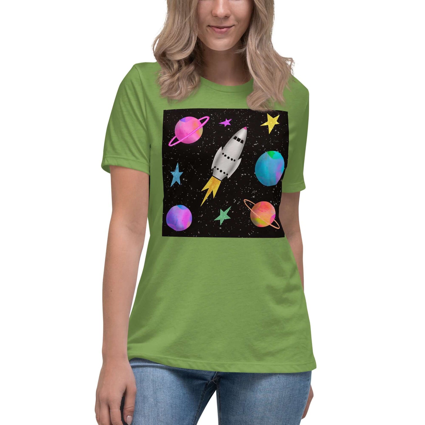 Rocket with Colorful Stars and Planets “Space Rockets” Women’s Short Sleeve Tee in Leaf Green