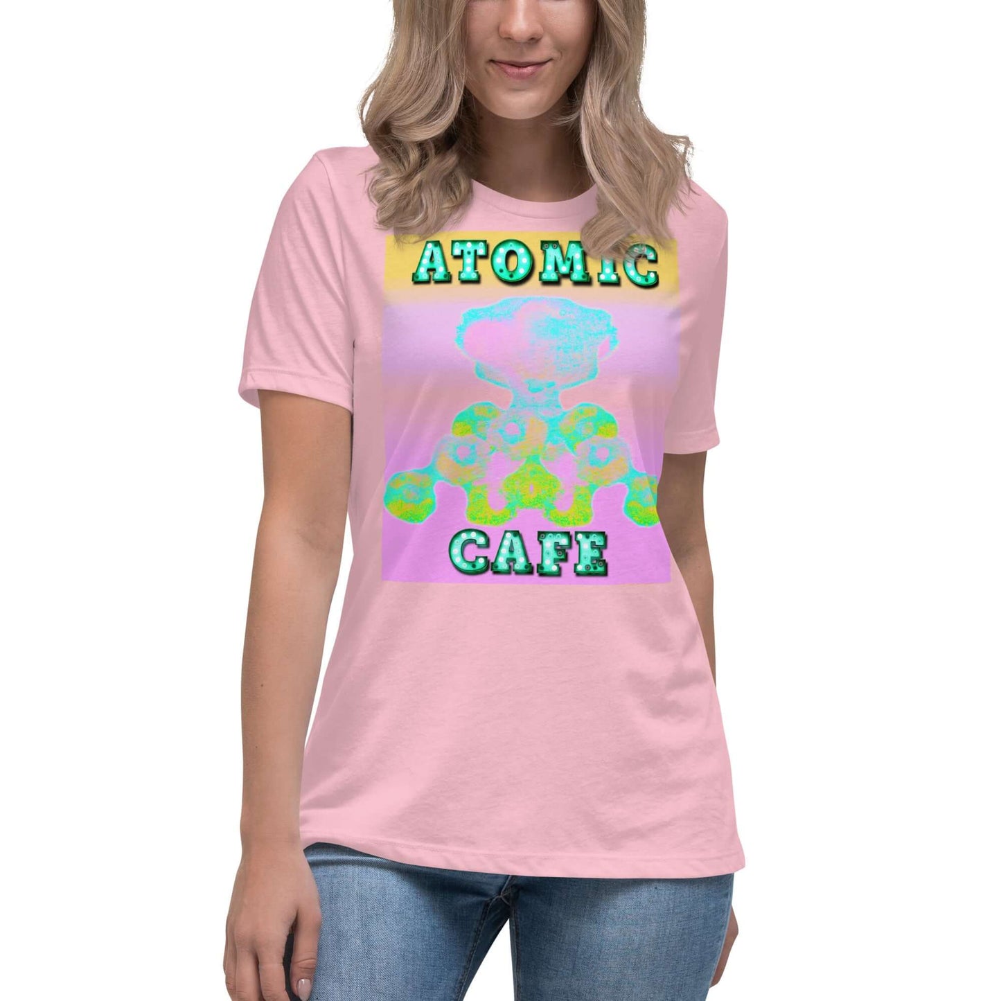 Pastel Atomic Blast with “Atomic Cafe” in Marquee Letters Women’s Relaxed Short Sleeve Tee in Light Pink