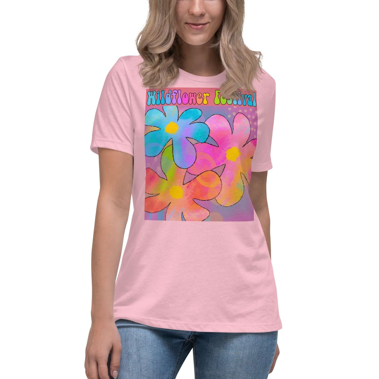 Big Colorful Hippie 1960s Psychedelic Flowers with Text “Wildflower Festival” Women’s Short Sleeve Tee in Light Pink