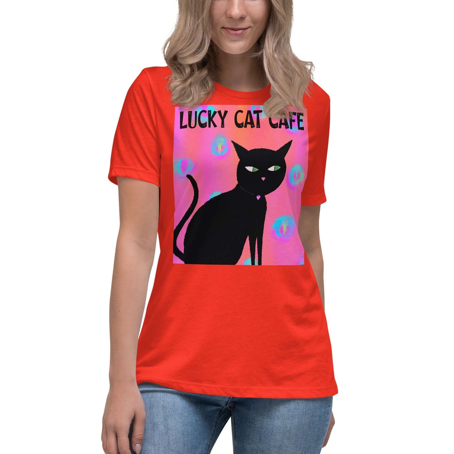 Black Cat on Hot Pink Tie Dye Background with Text “Lucky Cat Cafe” Women’s Short Sleeve Tee in Poppy
