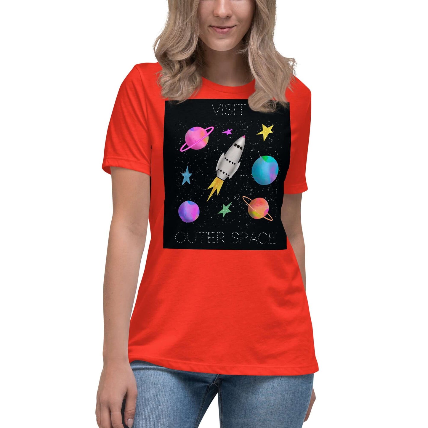 Whimsical Space Rocket with Colorful Planets and Stars on Black Background with Text “Visit Outer Space” Women’s Short Sleeve Tee in Poppy