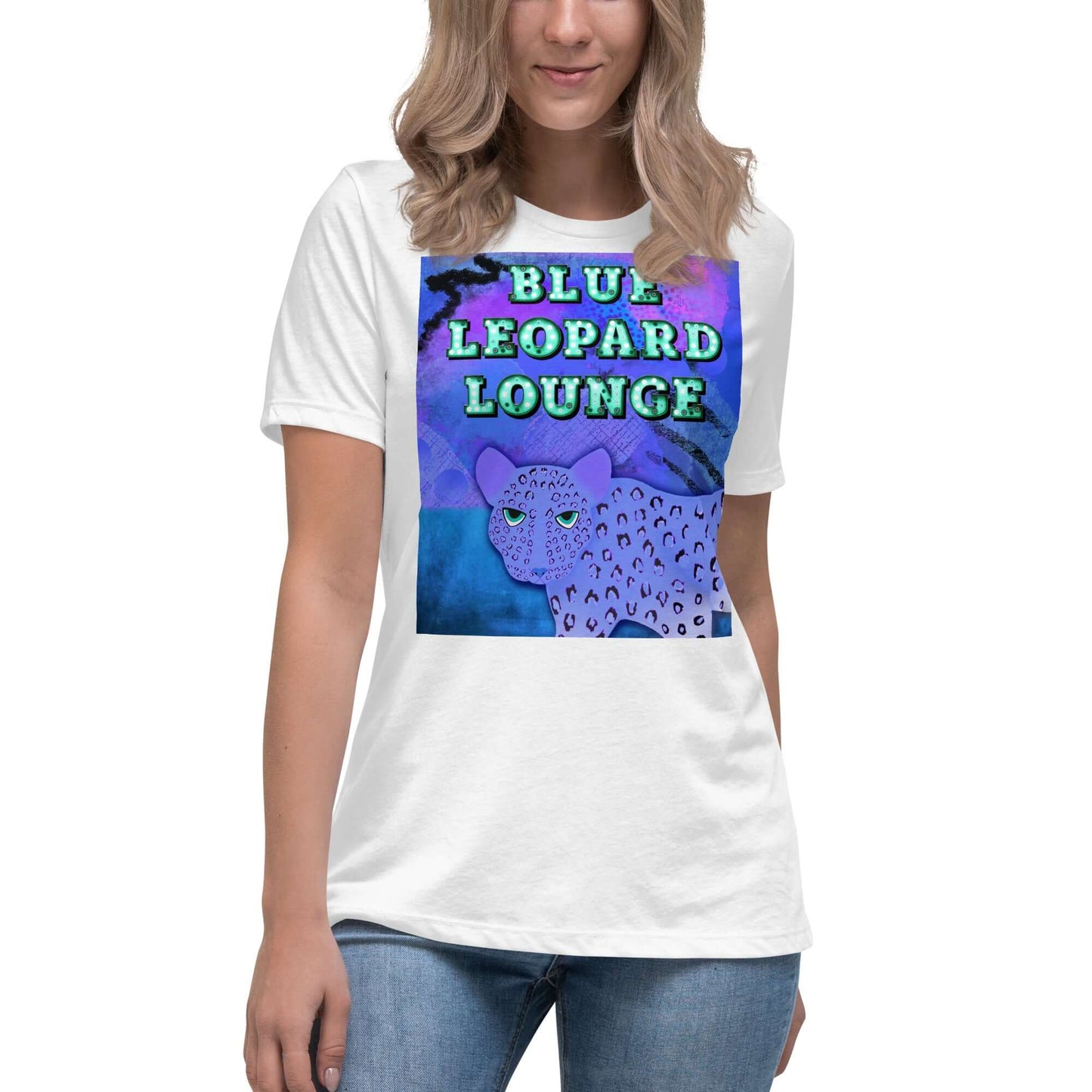 Purple Leopard on Blue and Purple Abstract Background with “Blue Leopard Lounge” Marquee Letters Women’s Short Sleeve Tee in White