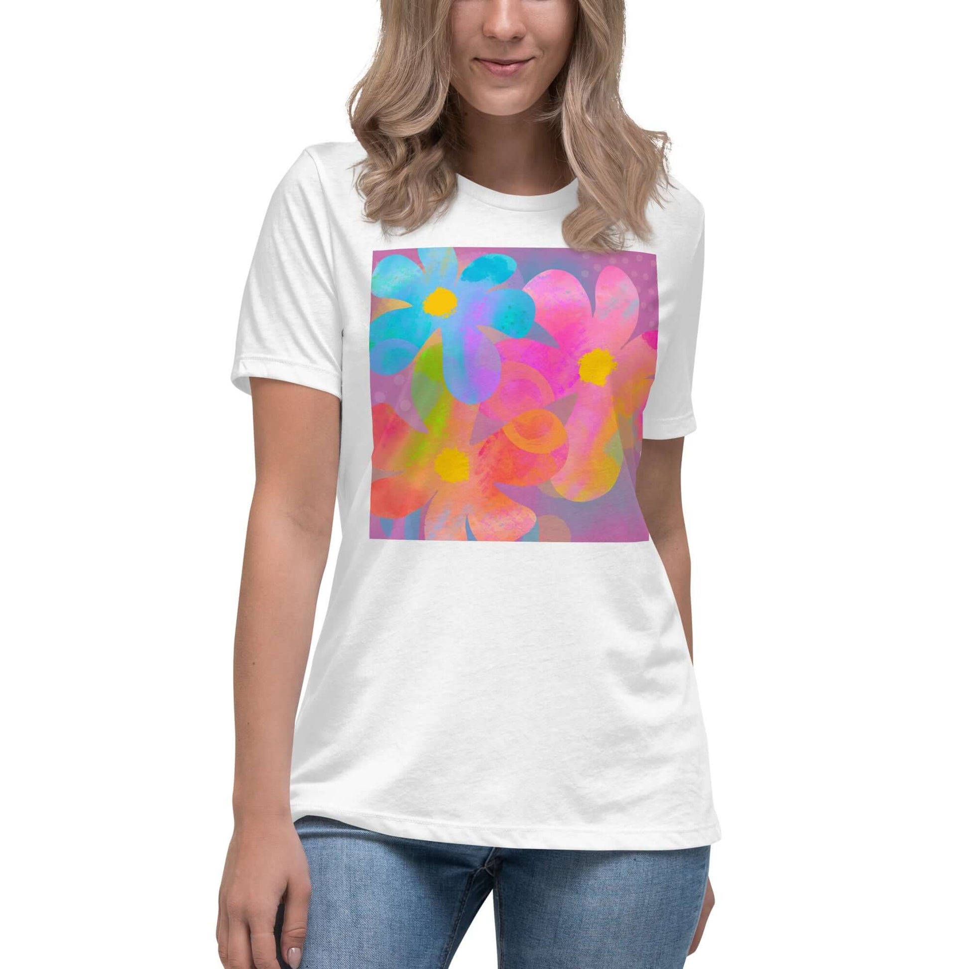 Big Colorful 1960s Psychedelic “Hippie Flowers” Women’s Short Sleeve Tee in White