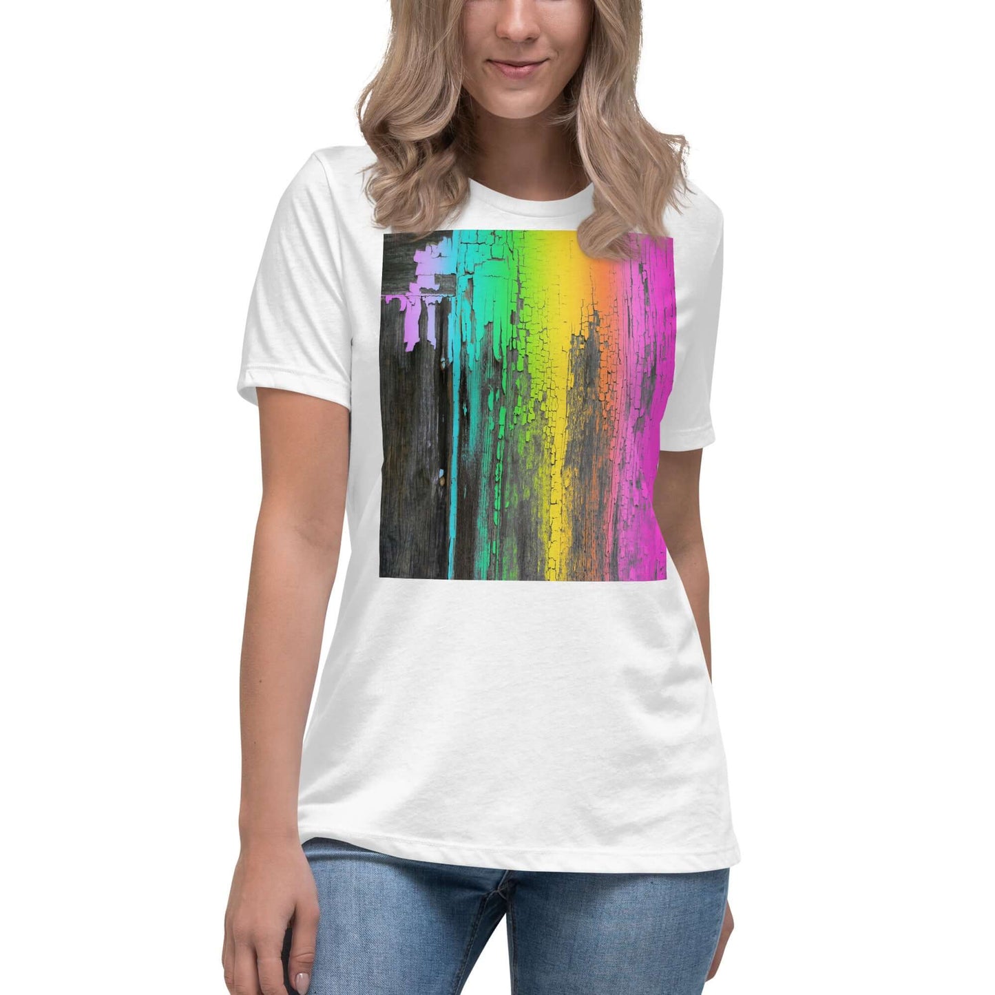 Rainbow Paint Drips on Old Wood “Rainbow Crackle” Women’s Short Sleeve Tee in White