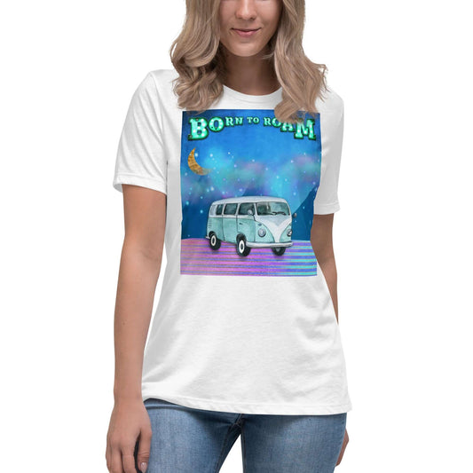 Blue Camper Van Against Blue and Purple Mountains with Moon, Clouds and Stars with “Born to Roam” Marquee Letters Women’s Short Sleeve Tee in White