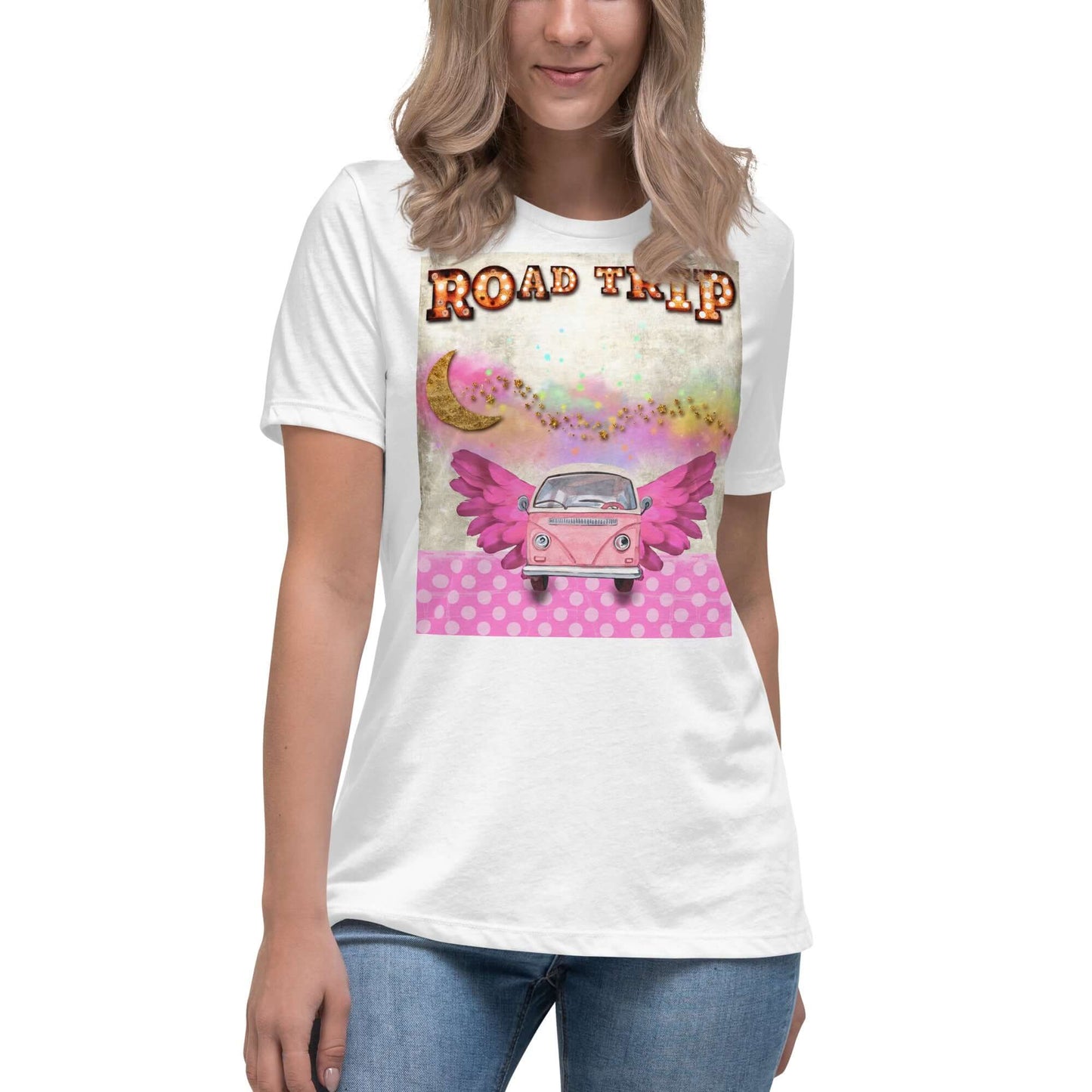 Pink Camper Van in Rainbow Clouds with Moon and Stars “Road Trip” Women’s Short Sleeve Tee in White