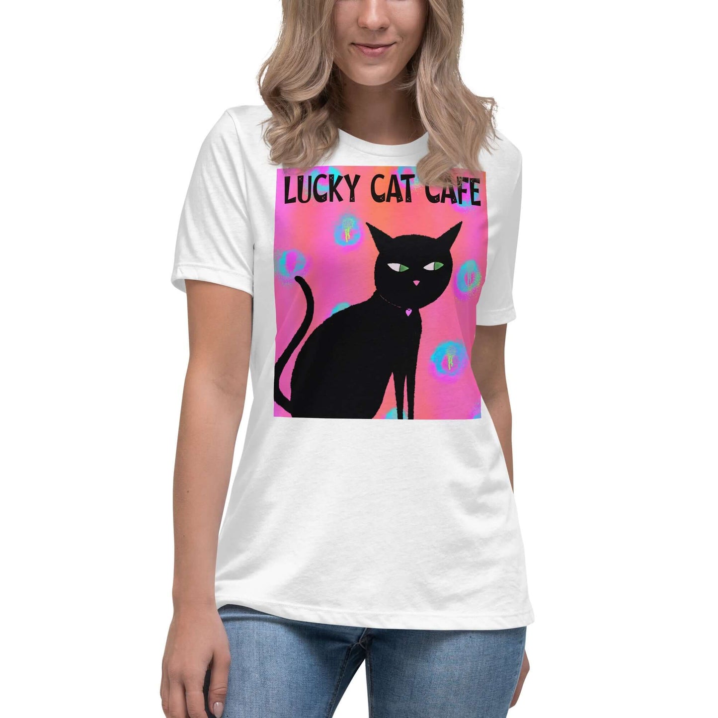 Black Cat on Hot Pink Tie Dye Background with Text “Lucky Cat Cafe” Women’s Short Sleeve Tee in White