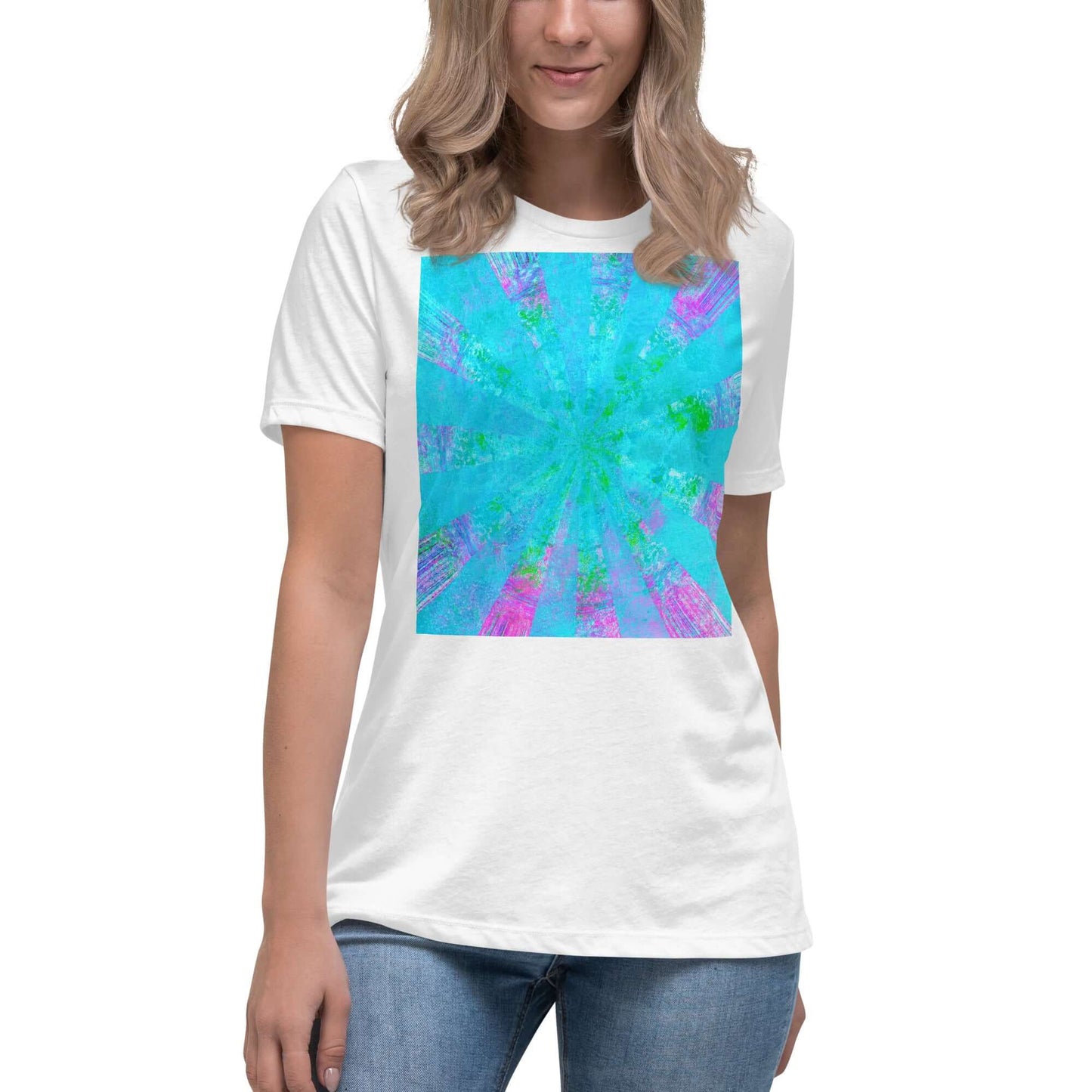 Turquoise Blue with Purple Radial Abstract Art “Blue Stingray” Women’s Short Sleeve Tee in White