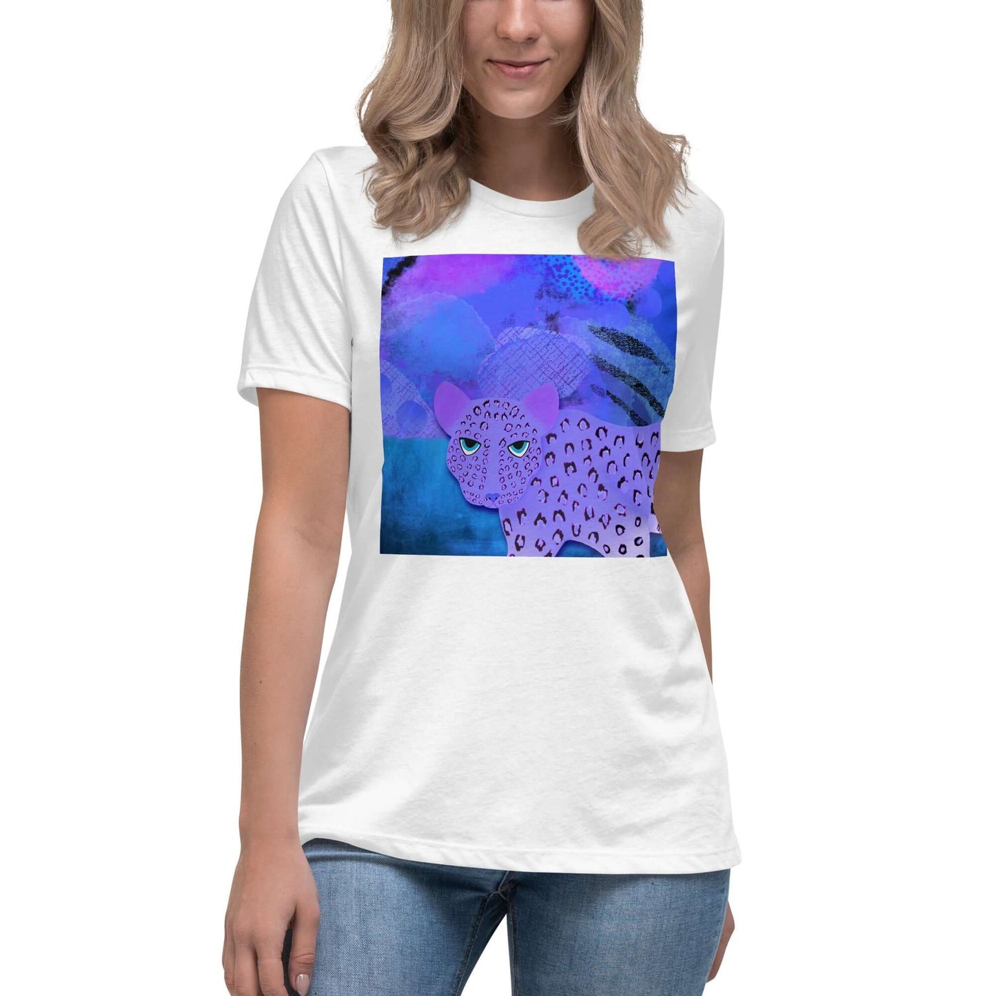 Purple Leopard on Blue and Purple Abstract Background “Blue Leopard” Women’s Short Sleeve Tee in White