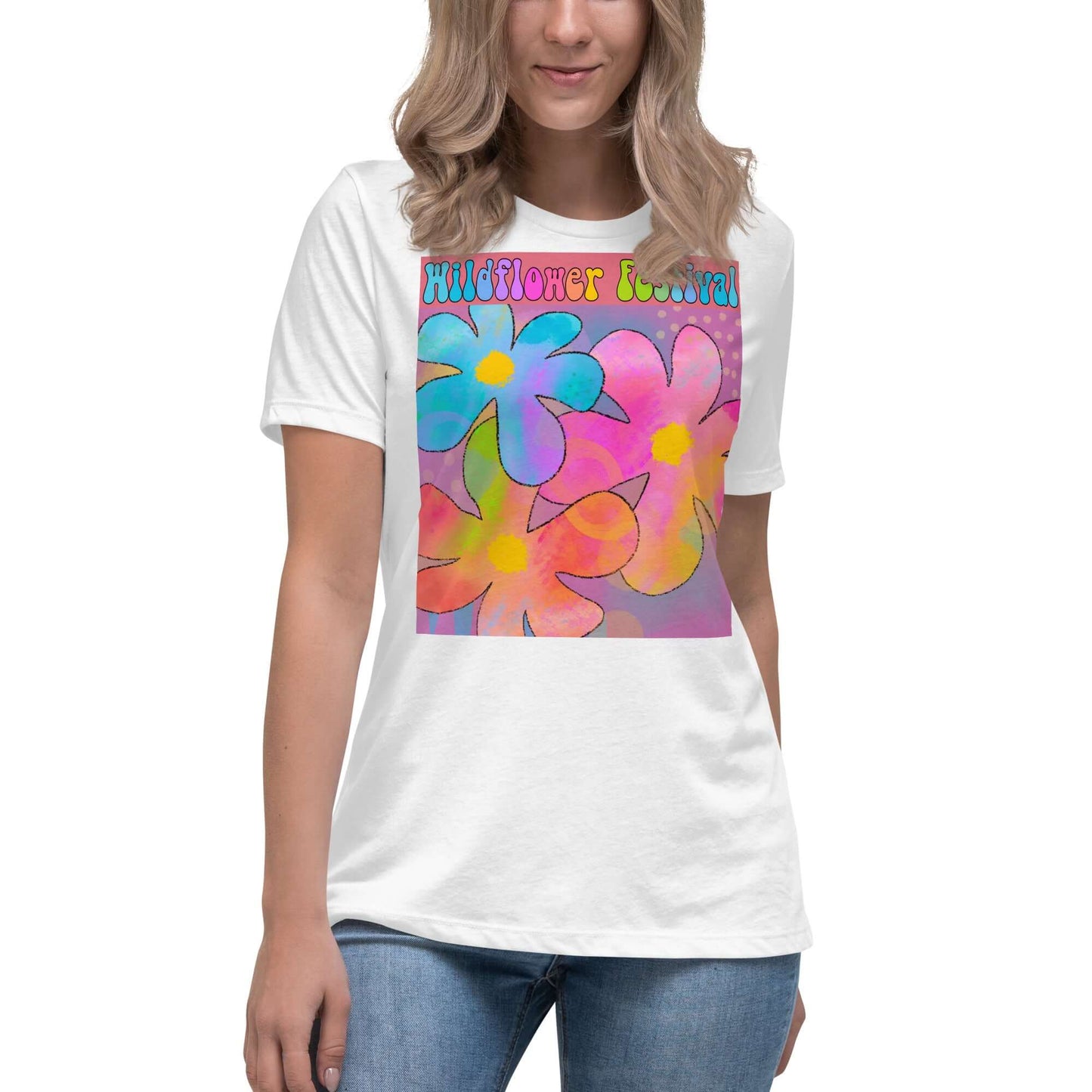 Big Colorful Hippie 1960s Psychedelic Flowers with Text “Wildflower Festival” Women’s Short Sleeve Tee in White