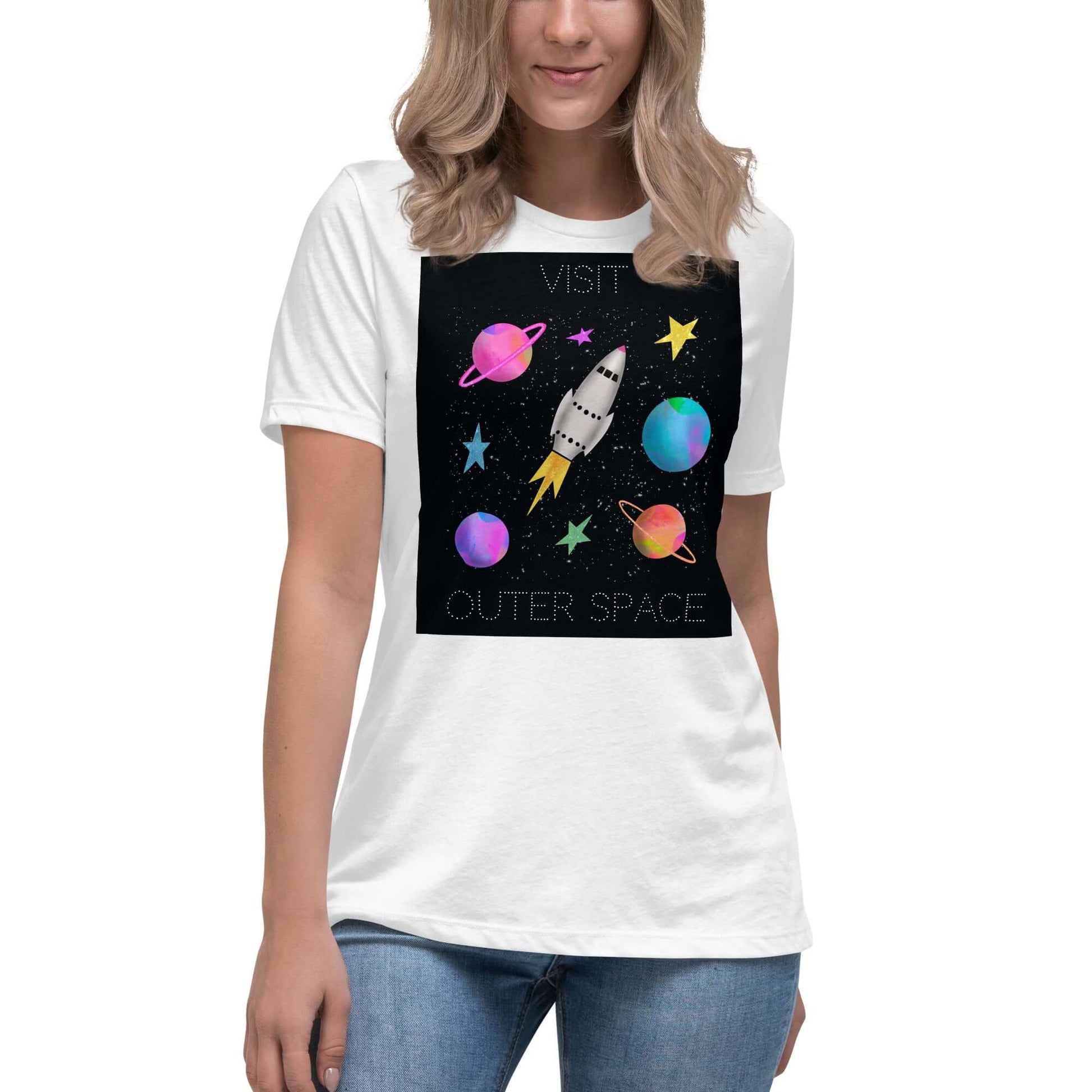 Whimsical Space Rocket with Colorful Planets and Stars on Black Background with Text “Visit Outer Space” Women’s Short Sleeve Tee in White