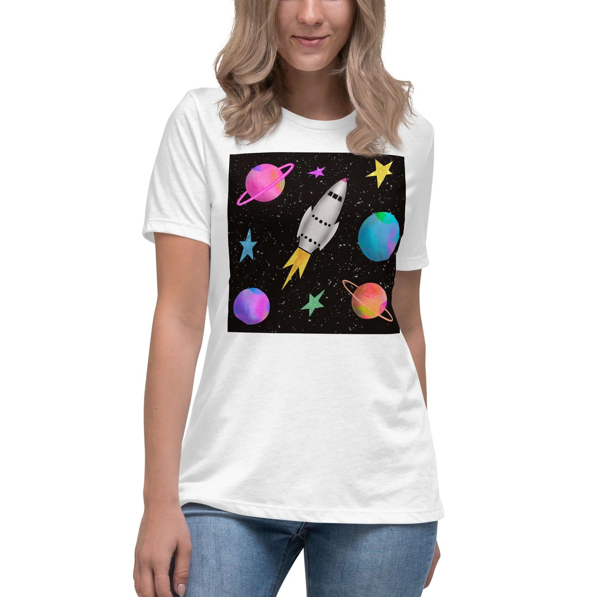 Rocket with Colorful Stars and Planets “Space Rockets” Women’s Short Sleeve Tee in White