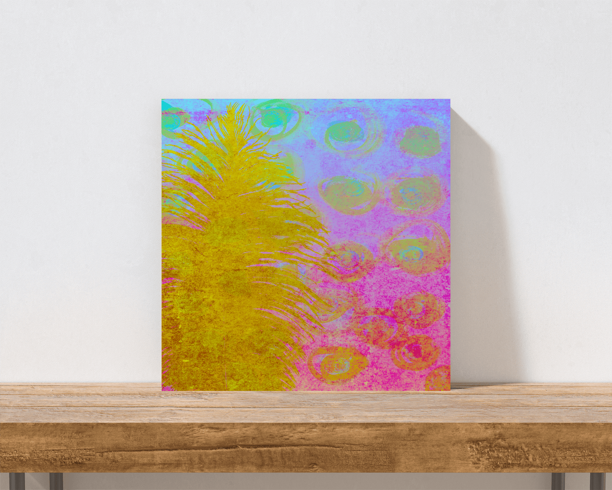 Golden Feather Pink and Blue “Fantasia” Abstract Art Canvas Print Wall Art Small Canvas on Shelf